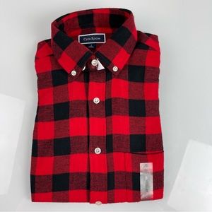 Club Room Shirt Button Down Front Plaid‎ Flannel Ablaze Red Black Collared Knit